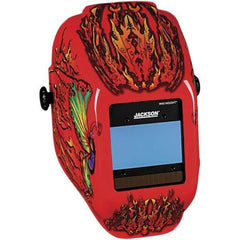 Jackson Safety - 2.36" Window Width x 3.94" Window Height, 9 to 13 Shade Auto-Darkening Lens, Fixed Front Welding Helmet with Digital Controls - Red Flaming Butterfly Design, Nylon - Apex Tool & Supply