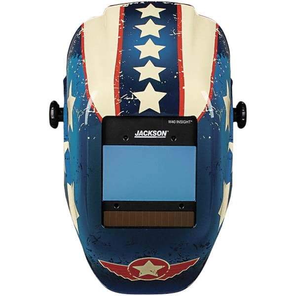 Jackson Safety - 2.36" Window Width x 3.94" Window Height, 9 to 13 Shade Auto-Darkening Lens, Fixed Front Welding Helmet with Digital Controls - Red/White/Blue Stars & Scars Design, Nylon - Apex Tool & Supply