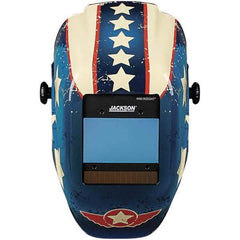 Jackson Safety - 2.36" Window Width x 3.94" Window Height, 9 to 13 Shade Auto-Darkening Lens, Fixed Front Welding Helmet with Digital Controls - Red/White/Blue Stars & Scars Design, Nylon - Apex Tool & Supply