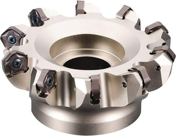 Kyocera - 101.6mm Cut Diam, 38.1mm Arbor Hole, 6mm Max Depth of Cut, 45° Indexable Chamfer & Angle Face Mill - 10 Inserts, PNEU 1205\xB6PNMU 1205 Insert, Right Hand Cut, 10 Flutes, Series MFPN - Apex Tool & Supply
