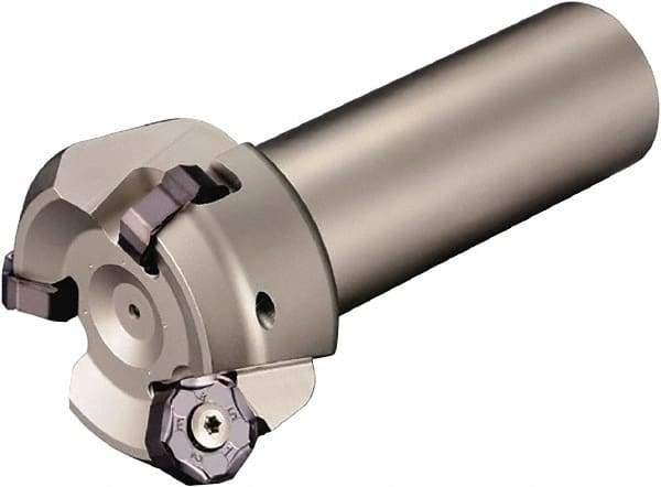 Kyocera - 45° Lead Angle, 2.81" Max Cut Diam, 2-1/2" Min Cut Diam, 0.23" Max Depth of Cut, Indexable Chamfer and Angle End Mill - 4 Inserts, PNEU 1205, PNMU 1205 Insert Style, 3.6" Overall Length, Straight Shank - Apex Tool & Supply