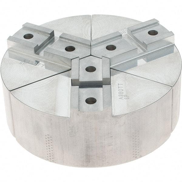 Abbott Workholding Products - 6" Max Chuck Capacity, Serrated Interface, Round Soft Lathe Chuck Jaw - 3 Jaw, Aluminum, 42.88mm Btw Mount Hole Ctrs, 6" Wide, 2" High, 18.75mm Groove, 5/16" Fastener - Apex Tool & Supply