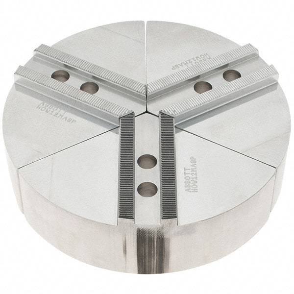 Abbott Workholding Products - 8" Max Chuck Capacity, 1/16" x 90° Serrated Interface, Round Soft Lathe Chuck Jaw - 3 Jaw, Aluminum, 0.984" Btw Mount Hole Ctrs, 8" Wide, 2" High, 12mm Fastener - Apex Tool & Supply