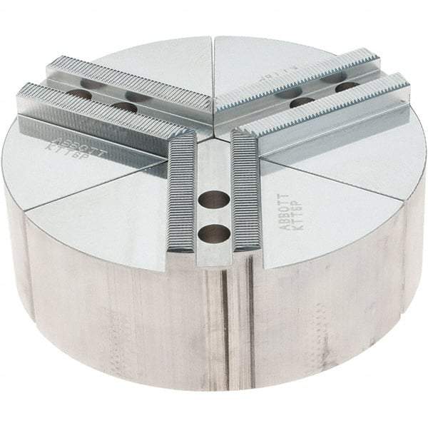 Abbott Workholding Products - 6" Max Chuck Capacity, 1.5mm x 60° Serrated Interface, Round Soft Lathe Chuck Jaw - 3 Jaw, Aluminum, 0.7874" Btw Mount Hole Ctrs, 6" Wide, 2" High, 10mm Fastener - Apex Tool & Supply