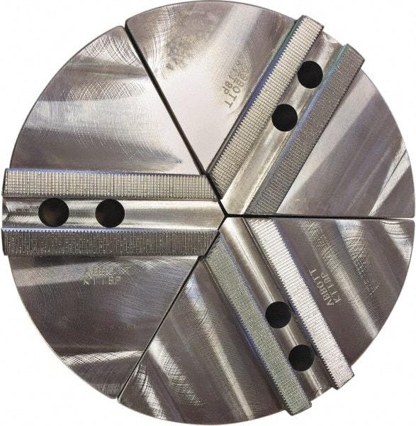 Abbott Workholding Products - 4" Max Chuck Capacity, 1.5mm x 60° Serrated Interface, Round Soft Lathe Chuck Jaw - 3 Jaw, Aluminum, 0.5906" Btw Mount Hole Ctrs, 6" Wide, 2" High, 6mm Fastener - Apex Tool & Supply
