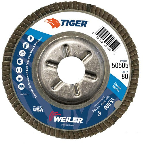4″ Tiger Disc Abrasive Flap Disc, Angled, Alum. Backing, 80Z, 5/8″ Arbor Hole - Apex Tool & Supply