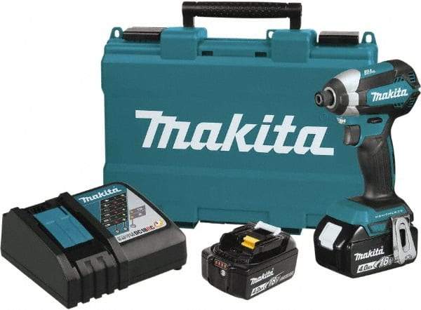 Makita - 18 Volt, 1/2" Drive, 20 Ft/Lb Torque, Cordless Impact Driver - Pistol Grip Handle, 3600 RPM, 2 Lithium-Ion Batteries Included - Apex Tool & Supply