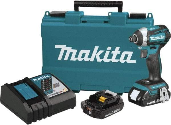 Makita - 18 Volt, 1/4" Drive, 20 Ft/Lb Torque, Cordless Impact Driver - Pistol Grip Handle, 3600 RPM, 2 Lithium-Ion Batteries Included - Apex Tool & Supply
