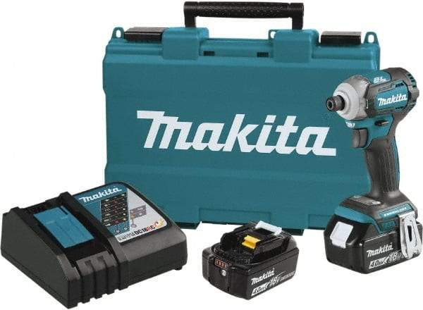 Makita - 18 Volt, 1/2" Drive, 20 Ft/Lb Torque, Cordless Impact Driver - Pistol Grip Handle, 3600 RPM, 2 Lithium-Ion Batteries Included - Apex Tool & Supply