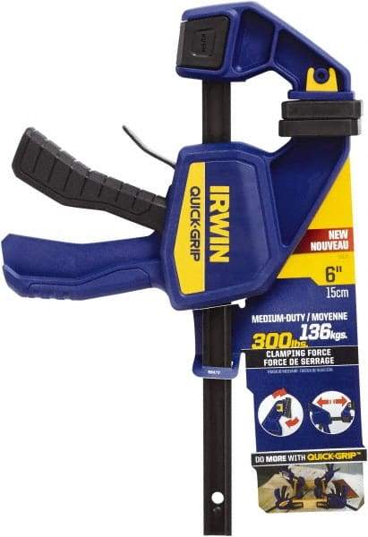 Irwin - 6" Capacity, 3-3/16" Throat Depth Carbon Steel Bar Clamp - 300 Lb Clamping Pressure, 13-1/4" OAL, 339.73mm Max Spread - Apex Tool & Supply