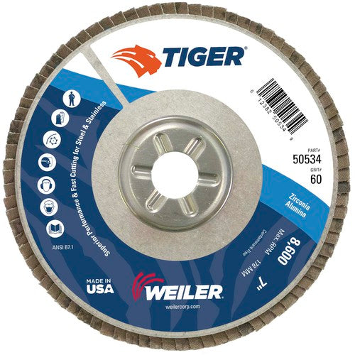 7″ Tiger Disc Abrasive Flap Disc, Angled, Alum. Backing, 60Z, 7/8″ Arbor Hole - Apex Tool & Supply