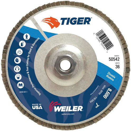 7″ Tiger Disc Abrasive Flap Disc, Angled, Alum. Backing, 36Z, 5/8″-11 UNC Nut - Apex Tool & Supply
