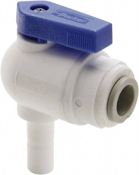 Parker - 3/8 x 3/8" Pipe, Full Port, Polypropylene Valve Tube Elbow Union Ball Valve - Bi-Directional, Tube OD x Stem OD Ends, Wedge Handle, 150 WOG - Apex Tool & Supply
