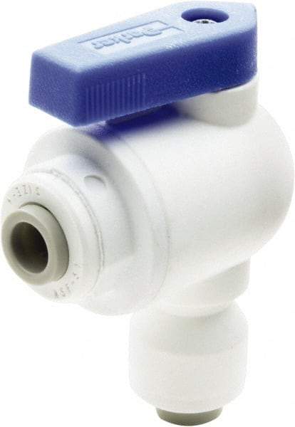 Parker - 3/8" Pipe, Full Port, Polypropylene Valve Elbow Union Ball Valve - Bi-Directional, Push-to-Connect x Push-to-Connect Ends, Wedge Handle, 150 WOG - Apex Tool & Supply