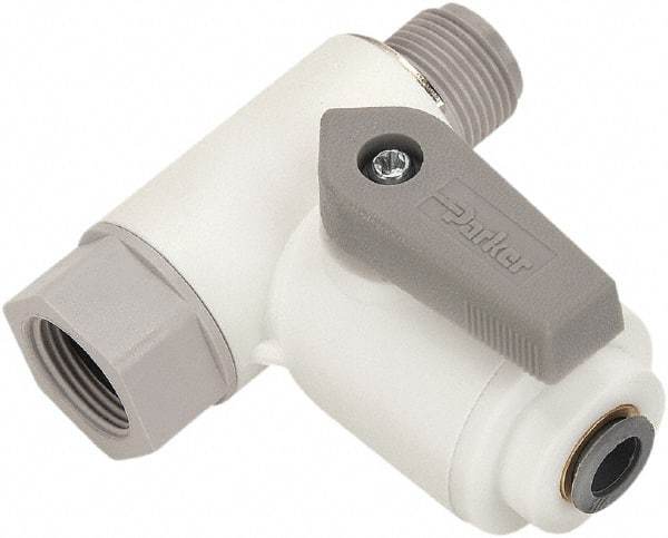 Parker - 3/8 x 1/2" Pipe, Full Port, Polypropylene Valve Angle Stop Ball Valve - Bi-Directional, Push-to-Connect x MNPT x FNPT Ends, Wedge Handle, 150 WOG - Apex Tool & Supply