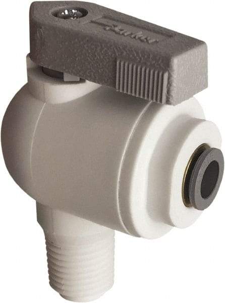 Parker - 3/8" Pipe, Full Port, Polypropylene Valve Male Elbow Ball Valve - Bi-Directional, MNPT x Push-to-Connect Ends, Wedge Handle, 150 WOG - Apex Tool & Supply