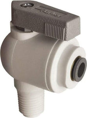Parker - 1/8" Pipe, Full Port, Polypropylene Valve Male Elbow Ball Valve - Bi-Directional, MNPT x Push-to-Connect Ends, Wedge Handle, 150 WOG - Apex Tool & Supply