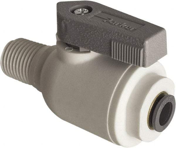 Parker - 1/2" Pipe, Full Port, Polypropylene Valve Male Connector Ball Valve - Bi-Directional, MNPT x Push-to-Connect Ends, Wedge Handle, 150 WOG - Apex Tool & Supply