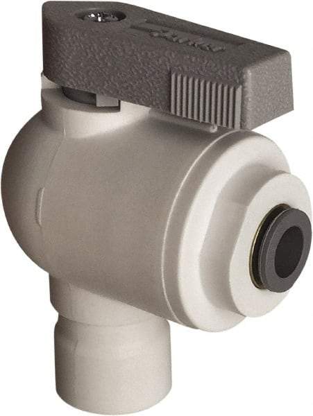 Parker - 3/8" Pipe, Full Port, Polypropylene Valve Elbow Union Ball Valve - Bi-Directional, Push-to-Connect x Push-to-Connect Ends, Wedge Handle, 150 WOG - Apex Tool & Supply