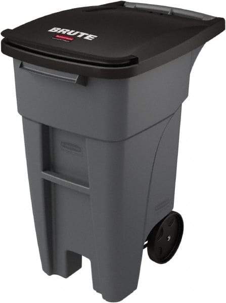 Rubbermaid - 32 Gal Gray Rectangle Trash Can - Plastic, None Graphic, 37.16" High x 20.62" Wide, Lid Included - Apex Tool & Supply