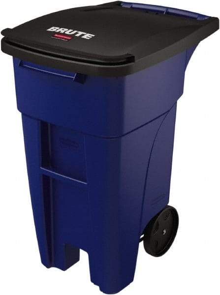 Rubbermaid - 32 Gal Blue Rectangle Trash Can - Plastic, None Graphic, 37.16" High x 20.62" Wide, Lid Included - Apex Tool & Supply