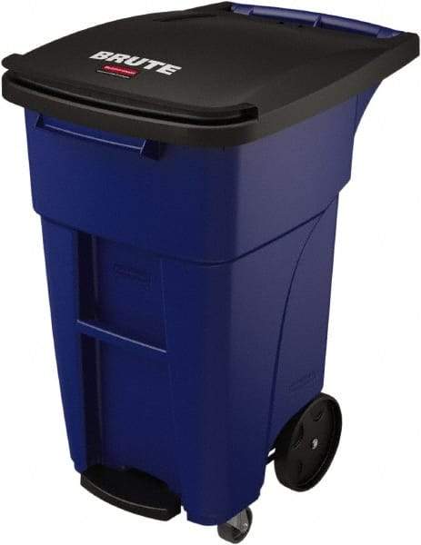 Rubbermaid - 32 Gal Blue Rectangle Trash Can - Plastic, None Graphic, 37.16" High x 20.62" Wide, Lid Included - Apex Tool & Supply