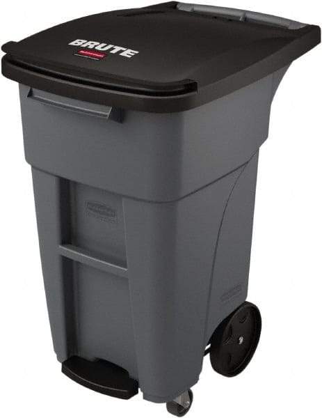 Rubbermaid - 32 Gal Gray Rectangle Trash Can - Plastic, None Graphic, 37.16" High x 20.62" Wide, Lid Included - Apex Tool & Supply