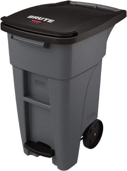Rubbermaid - 32 Gal Gray Rectangle Trash Can - Plastic, None Graphic, 37.16" High x 20.62" Wide, Lid Included - Apex Tool & Supply