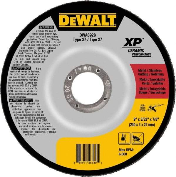 DeWALT - 24 Grit, 9" Wheel Diam, 7/8" Arbor Hole, Type 27 Depressed Center Wheel - Coarse/Medium Grade, Ceramic, N Hardness, 6,600 Max RPM - Apex Tool & Supply
