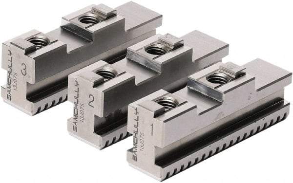 Samchully - 260mm Max Chuck Capacity, Tongue & Groove Interface, Square Soft Lathe Chuck Jaw - 3 Jaw, Steel, 40mm Btw Mount Hole Ctrs, 125mm Long, 30mm Wide, 55mm High, 12mm Groove, M12mm Fastener - Apex Tool & Supply