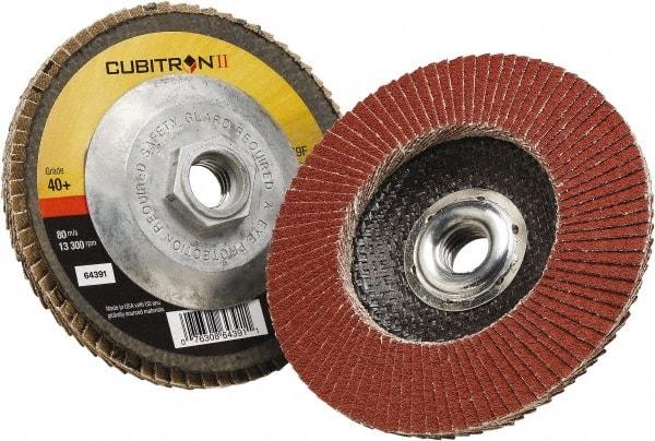3M - 40 Grit, 4-1/2" Disc Diam, 5/8-11 Center Hole, Type 29 Ceramic Flap Disc - 13,300 Max RPM, Polyester Backing, Arbor Attaching System, Coated - Apex Tool & Supply
