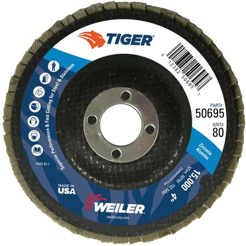 4″ Tiger Disc Abrasive Flap Disc, Flat, Phenolic Backing, 80Z, 5/8″ Arbor Hole - Apex Tool & Supply