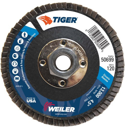 4-1/2″ Tiger Disc Abrasive Flap Disc, Flat, Phenolic Backing, 120Z, 5/8″-11 UNC Nut - Apex Tool & Supply