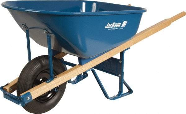 Jackson Professional Tools - 6 Cu Ft Capacity Wheelbarrow with 15" Flat Free Wheel - Wood Handle, 58-3/4" Long x 25-1/2" Wide x 27" High, Blue - Apex Tool & Supply