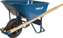 Jackson Professional Tools - 6 Cu Ft Capacity Wheelbarrow with 15" Flat Free Wheel - Wood Handle, 58-3/4" Long x 25-1/2" Wide x 27" High, Blue - Apex Tool & Supply