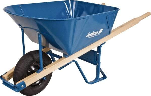 Jackson Professional Tools - 6 Cu Ft Capacity Wheelbarrow with 16" Pneumatic Wheel - Wood Handle, 58-1/2" Long x 26-3/4" Wide x 27" High, Blue - Apex Tool & Supply