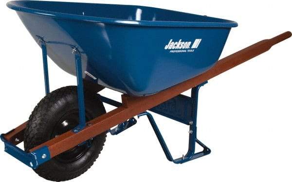 Jackson Professional Tools - 6 Cu Ft Capacity Wheelbarrow with 16" Pneumatic Wheel - Wood Handle, 58-3/4" Long x 25-1/2" Wide x 27" High, Blue - Apex Tool & Supply
