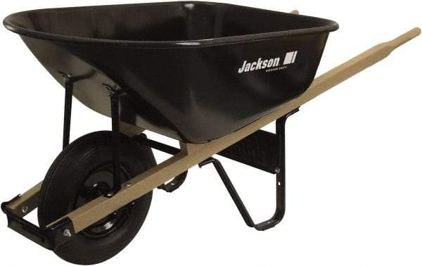 True Temper - 6 Cu Ft Capacity Wheelbarrow with 16" Pneumatic Wheel - Wood Handle, 58-3/4" Long x 25-1/2" Wide x 27" High, Black - Apex Tool & Supply