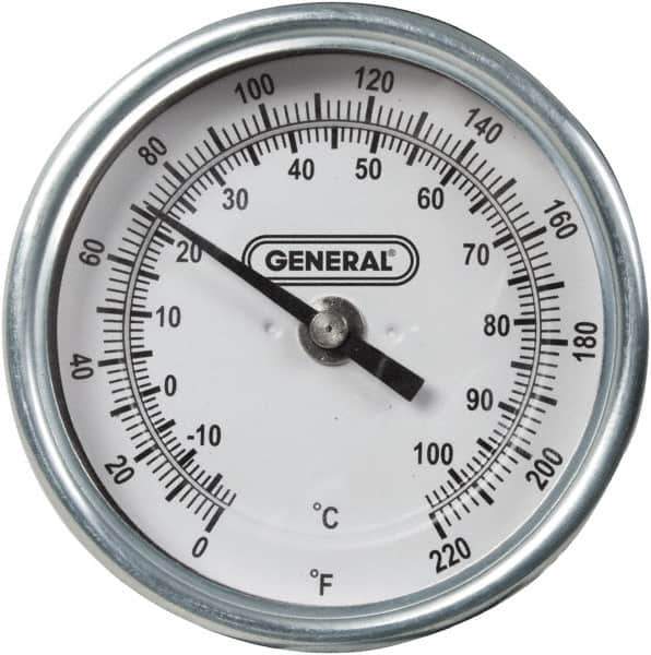 General - 36 Inch Long Stem, 3 Inch Dial Diameter, Back Connected Bi-Metal Thermometer - 220°Fahrenheit - Apex Tool & Supply