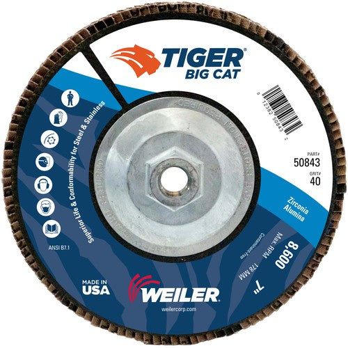 7″ Big Cat Abrasive Flap Disc, Flat, Phenolic Backing, 40Z, 5/8″-11 UNC Nut - Apex Tool & Supply