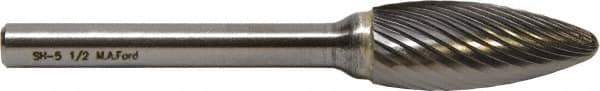 M.A. Ford - 3mm Cut Diam, 3mm Shank Diam, Flame Head Double Cut Burr - Carbide, Radius End, 6mm LOC, 38mm OAL - Apex Tool & Supply