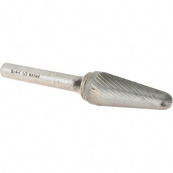 M.A. Ford - 1/2" Cut Diam, 1/4" Shank Diam, Cylinder with Radius Head Double Cut Burr - Carbide, Radius End, 1-3/16" LOC, 3-1/4" OAL - Apex Tool & Supply