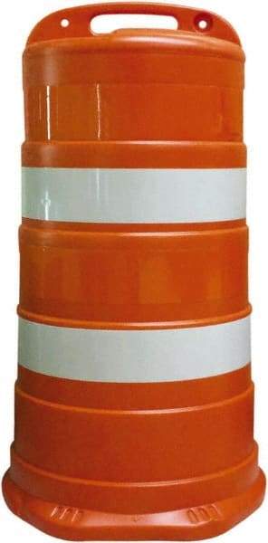 PRO-SAFE - 41.27" High x 23" Wide Reflective Round Barrel - Plastic, 12.4 Lbs, White/Orange - Apex Tool & Supply