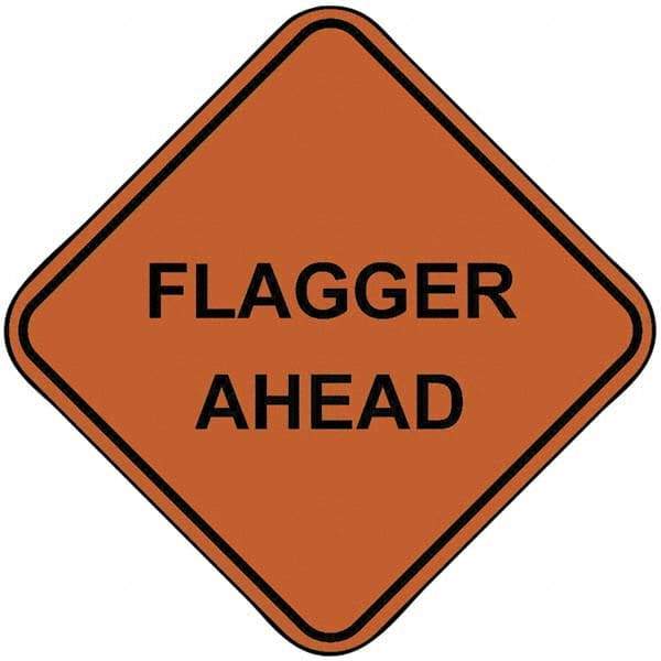 PRO-SAFE - "Flagger Ahead", 48" Wide x 48" High, Nylon Construction Roadway Signs - Orange, Square, Sign Stand Mount - Apex Tool & Supply