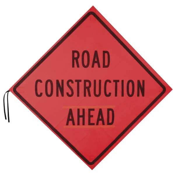 PRO-SAFE - "Road Construction Ahead", 48" Wide x 48" High, Nylon Construction Roadway Signs - Orange, Square, Sign Stand Mount - Apex Tool & Supply