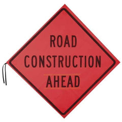 PRO-SAFE - "Road Construction Ahead", 48" Wide x 48" High, Nylon Construction Roadway Signs - Orange, Square, Sign Stand Mount - Apex Tool & Supply