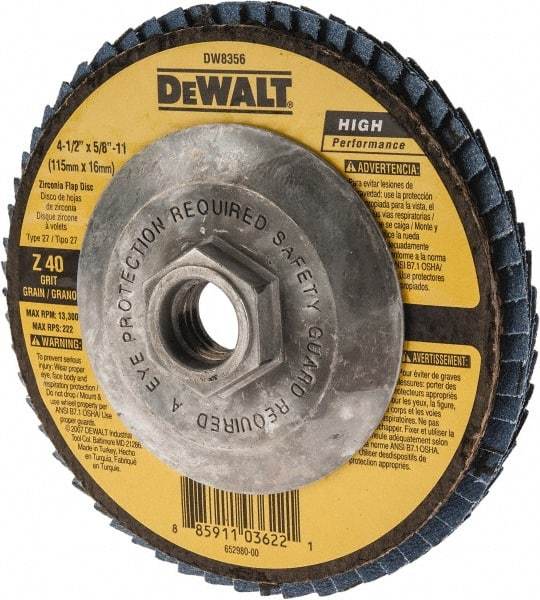 DeWALT - 40 Grit, 4-1/2" Disc Diam, 5/8-11 Center Hole, Type 27 Zirconia Alumina Flap Disc - 13,300 Max RPM, Fiberglass Backing, Arbor Attaching System, Coated - Apex Tool & Supply