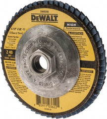 DeWALT - 40 Grit, 4-1/2" Disc Diam, 5/8-11 Center Hole, Type 27 Zirconia Alumina Flap Disc - 13,300 Max RPM, Fiberglass Backing, Arbor Attaching System, Coated - Apex Tool & Supply