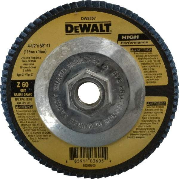 DeWALT - 60 Grit, 4-1/2" Disc Diam, 5/8-11 Center Hole, Type 27 Zirconia Alumina Flap Disc - 13,300 Max RPM, Fiberglass Backing, Arbor Attaching System, Coated - Apex Tool & Supply