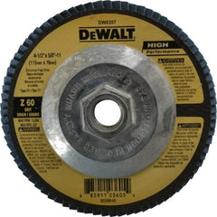 DeWALT - 60 Grit, 4-1/2" Disc Diam, 5/8-11 Center Hole, Type 27 Zirconia Alumina Flap Disc - 13,300 Max RPM, Fiberglass Backing, Arbor Attaching System, Coated - Apex Tool & Supply